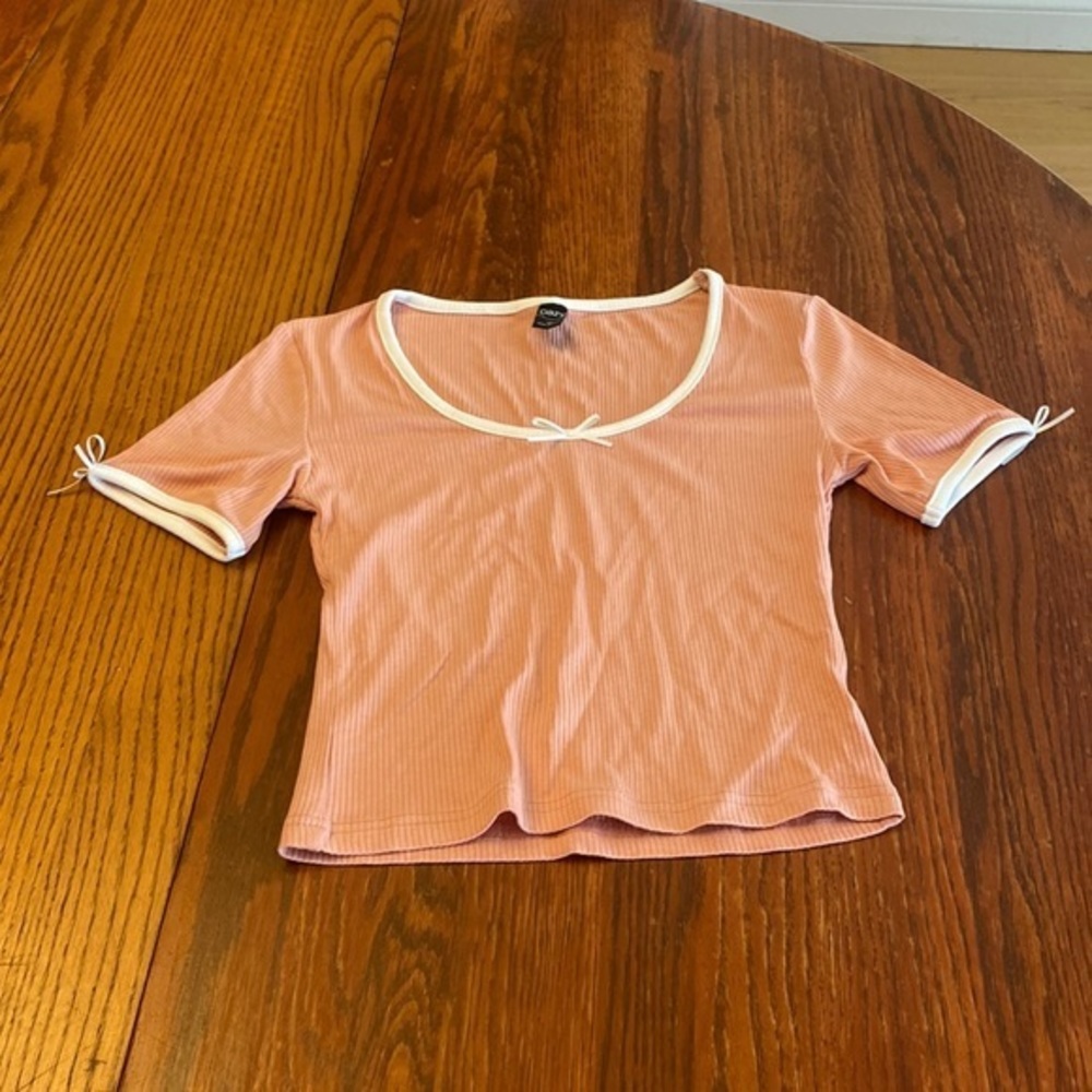 SHEIN Coral White Bow Scoop Neck Ribbed Top S